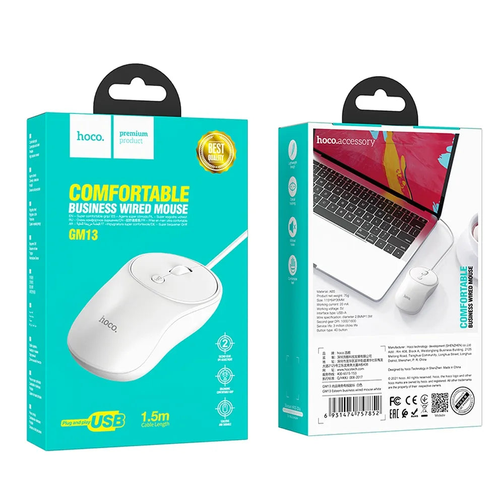 HOCO GM13 Esteem Mouse | White Wired USB Mouse with 4D Buttons - MIZO.at
