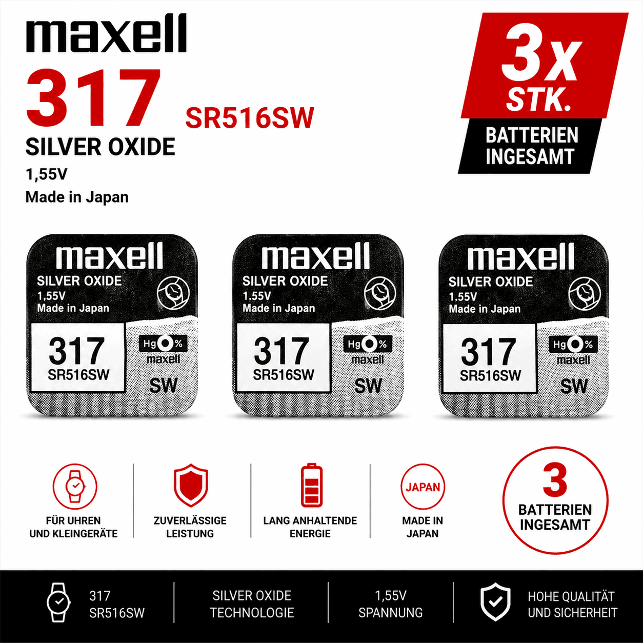 Maxell 317 SR516SW Silberoxid Knopfzelle Batterie 3 Stk. 1,55V