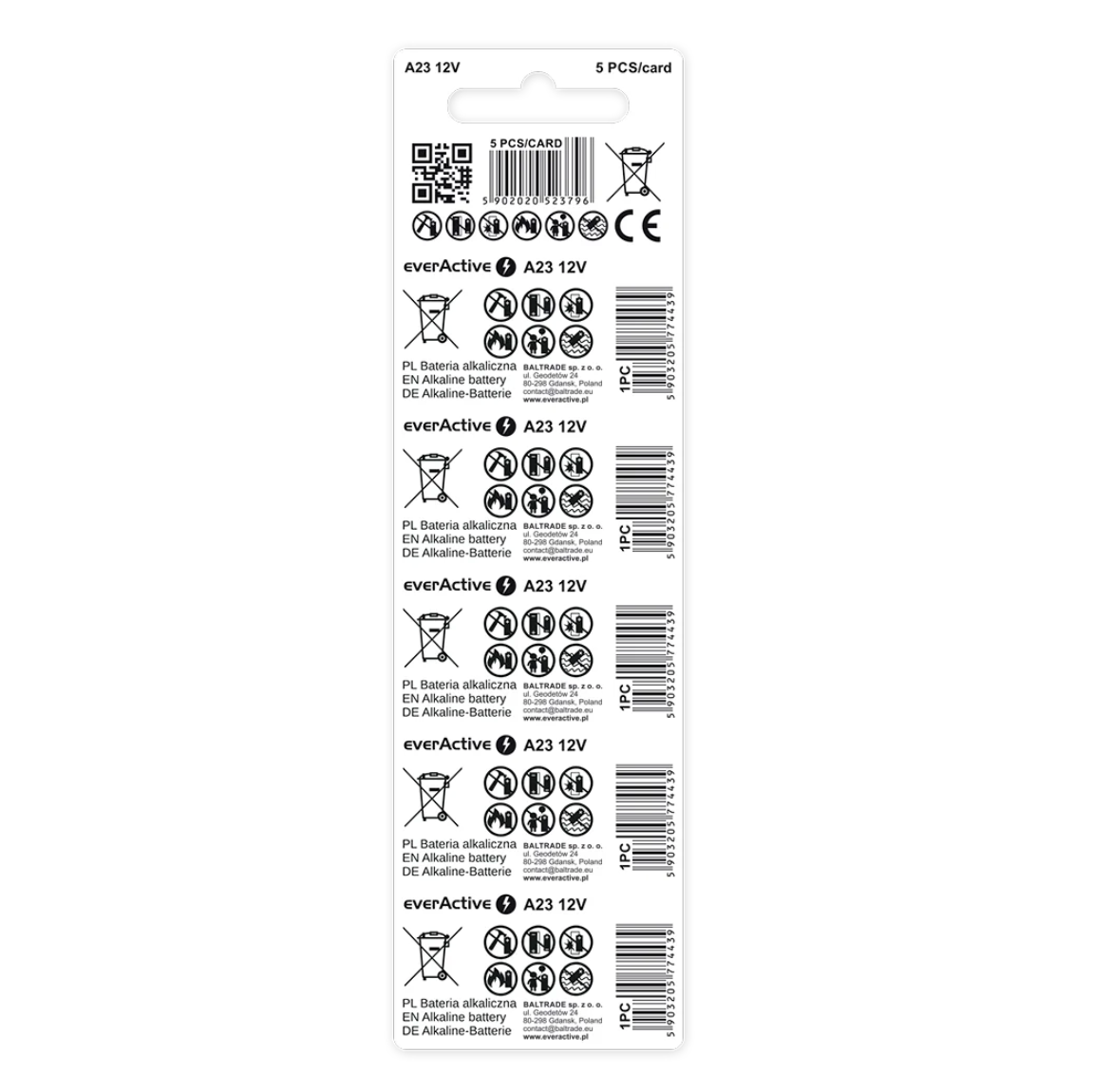 5er Pack everActive 23A / A23 12V Alkaline Batterie Fernbedienung - MIZO.at