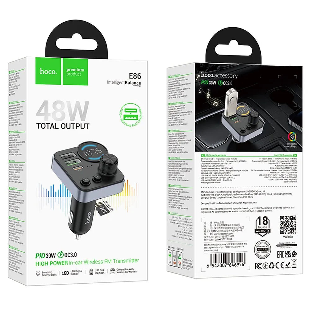 Hoco E86 Bluetooth FM Transmitter 48W mit USB-C & USB-A Schwarz - MIZO.at