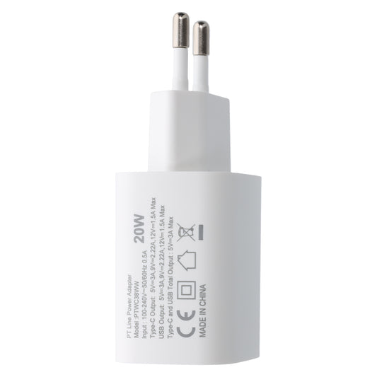 Dual Port USB-A & USB Type-C Power Adapter Travel Charger Total Output 38W, White Bulk - MIZO.at