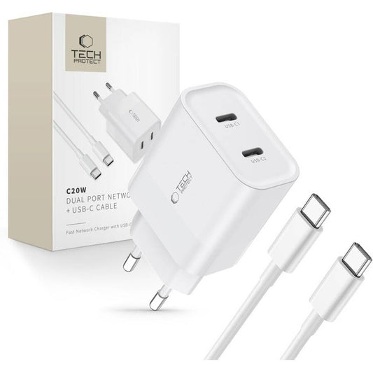 Tech-Protect C20W 2-Port Charger PD20W with Type-C Cable White - MIZO.at