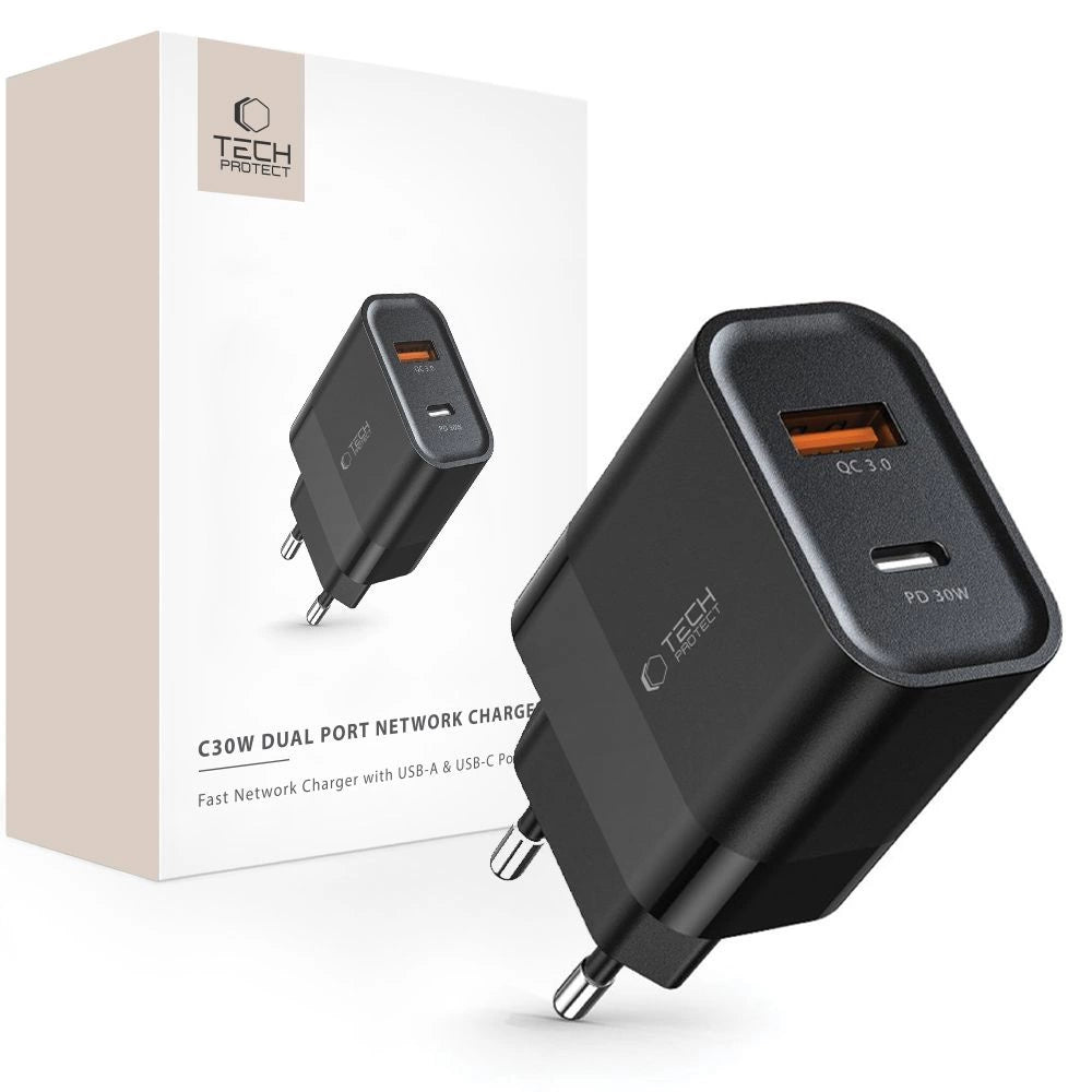 Tech-Protect C30W Charger | USB-C PD 30W & USB-A QC 3.0 | Black - MIZO.at