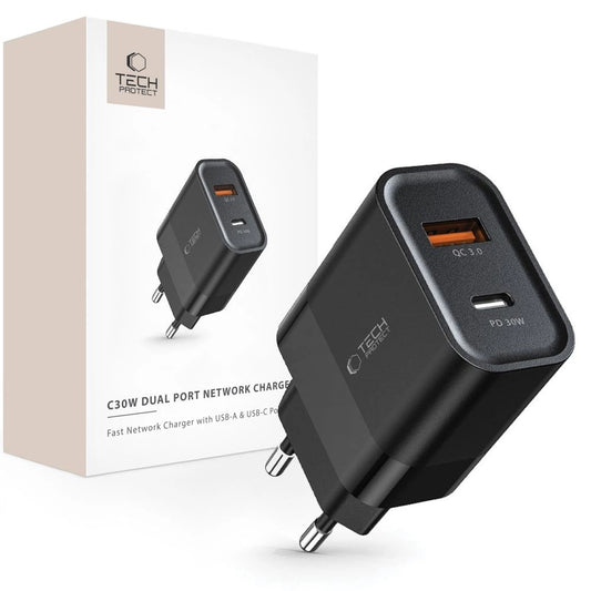 Tech-Protect C30W USB-C PD 30W / USB-A QC 3.0 Ladegerät – Schwarz - MIZO.at