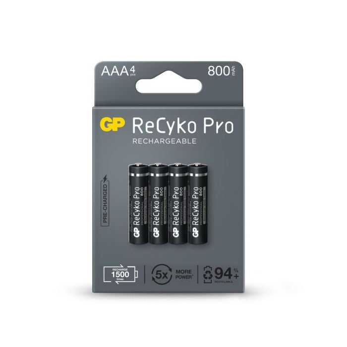 GP ReCyko Pro AAA Rechargeable Batteries – 800mAh NiMH, Long-Lasting Eco-Friendly Power (4-Pack) - MIZO.at
