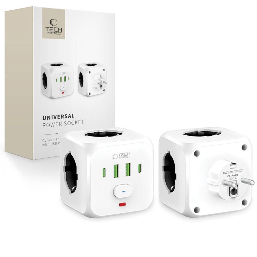 Tech-Protect PCL3X4 Power Socket | 3 Outlets, USB & Type-C, White - MIZO.at