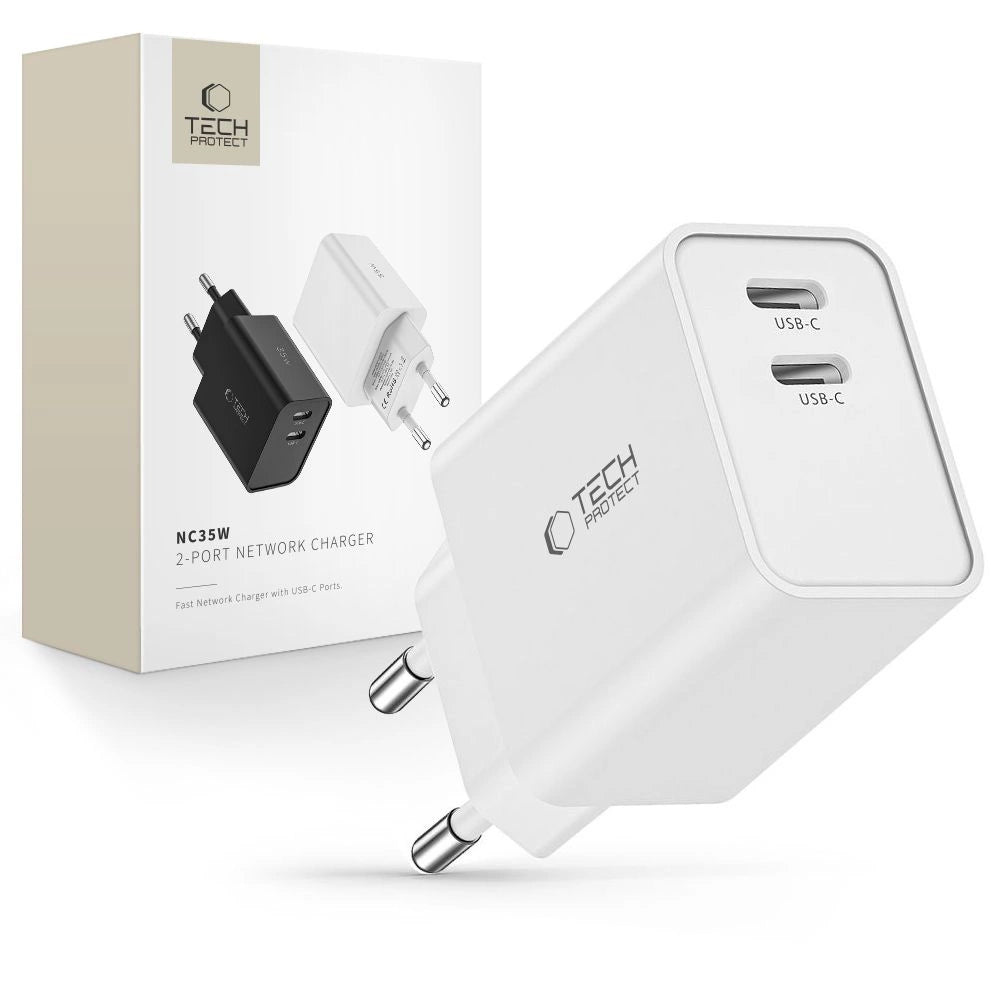 Tech-Protect C35W Dual USB-C PD 35W Fast Charger - White - MIZO.at