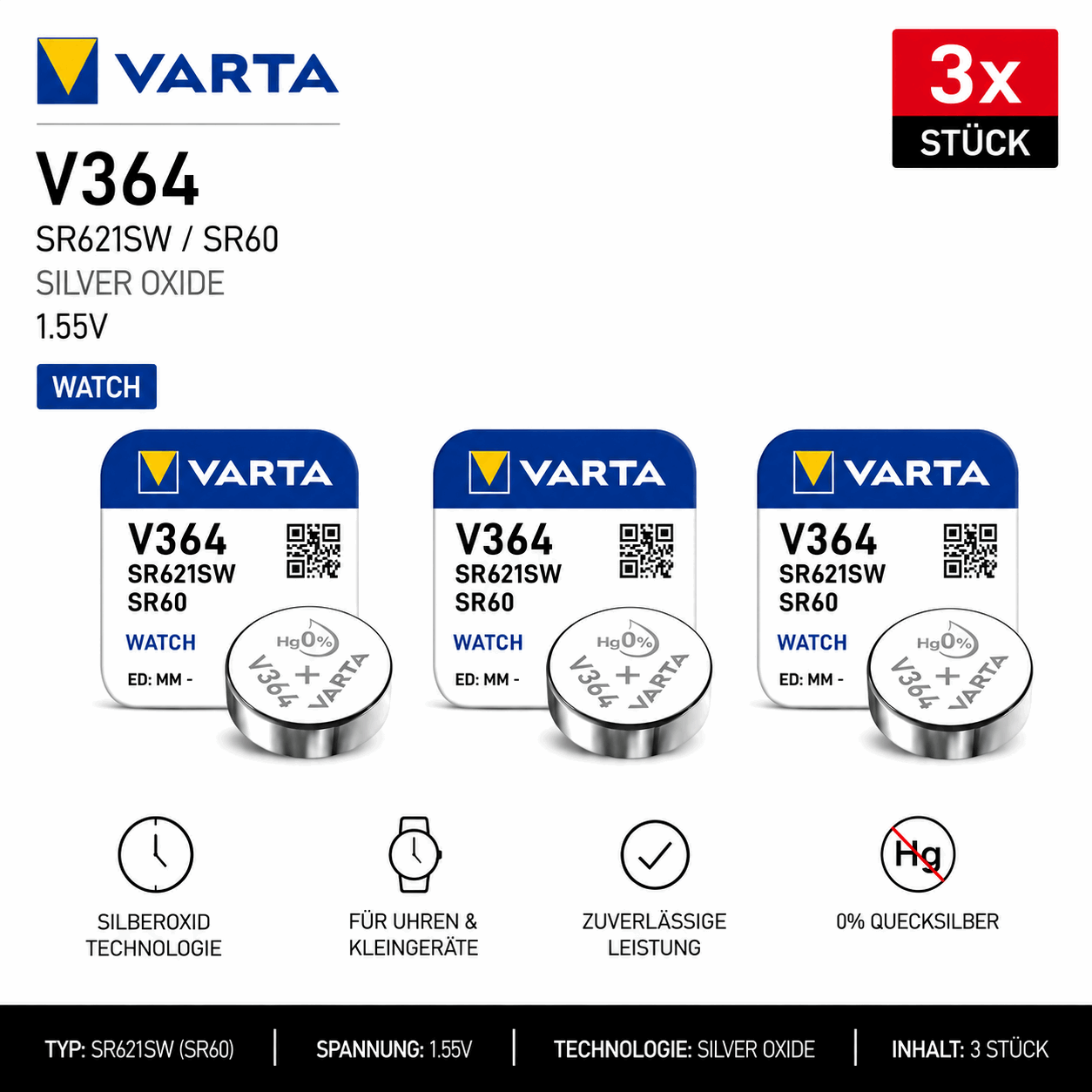 Varta 364 SR60 Silberoxid Knopfzelle 1,55V 3 Stk. - MIZO.at