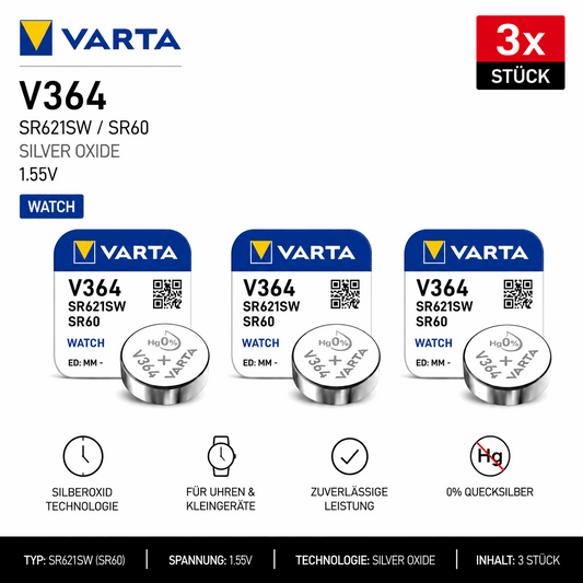 Varta 364 SR60 Silberoxid Knopfzelle 1,55V 3 Stk. - MIZO.at